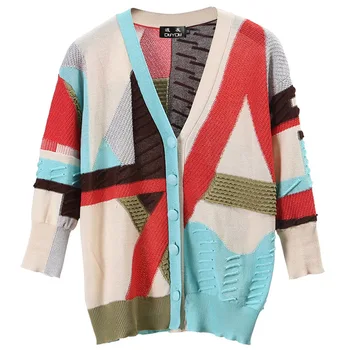 

Women’s sweater Color block stitching Pattern 3/4 Sleeve Button Down Cardigan Sweater Loose Pullovers Jumper Top New