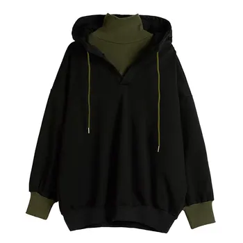 

turtleneck hooded women sweatshirts flase two pieces lantern sleeve thicken warm lady pulls outwear coat tops