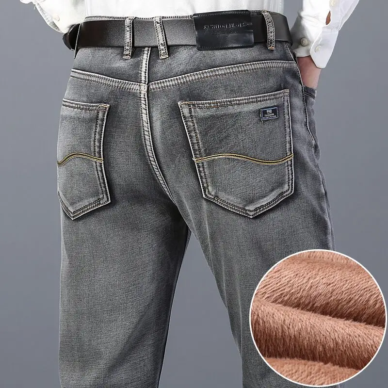 Winter Men s Warm Thick Gray Jeans Business Fashion Regular Fit Denim Trousers Fleece Stretch Pants