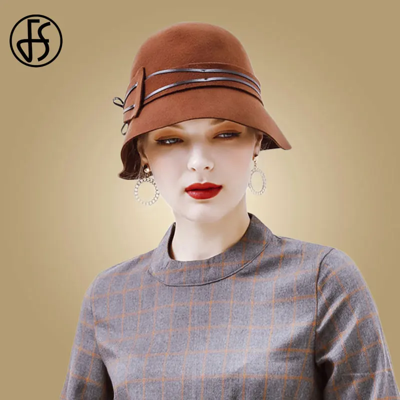 Brown Wool Fedora FS зимние фетровые шапки для женщин шерстяная шляпа лента Королевский синий черный шляпа осень леди котелок с широкими полями Кепка церковная Chapeau Fedoras - Цвет: Brown Wool Fedora
