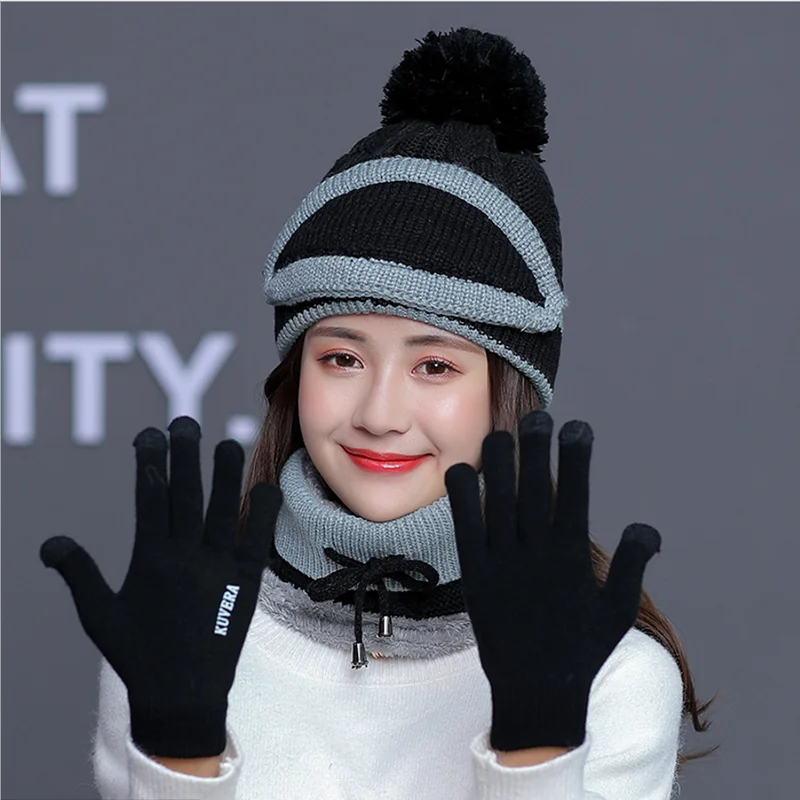 black-glove hat set 1 шт., шапка, набор перчаток, повседневные шапочки для мужчин и женщин, теплая вязаная зимняя шапка, модная однотонная унисекс шапка бини, шапка - Цвет: black-glove hat set