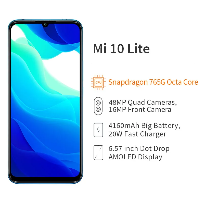 Глобальная версия смартфона Xiaomi Mi 10 Lite 6 ГБ 128 5G Snapdragon 76 57 дюймов AMOLED 48 МП Quad Camera NFC 20