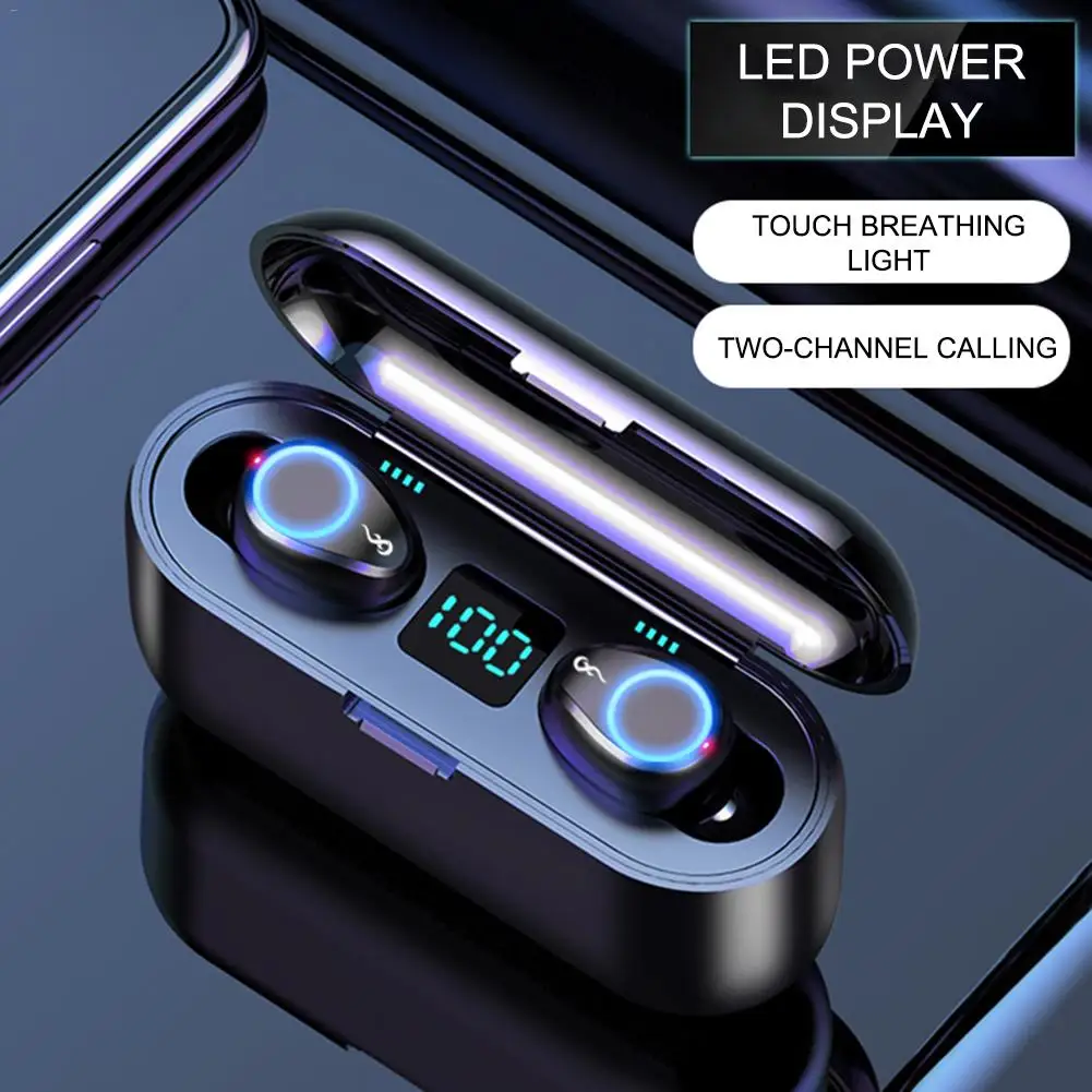 

F9 TWS Breathing Light Digital Display Touch Wireless Stereo Bluetooth 5.0 Mini Invisible Sports Headsets Dual Microphone