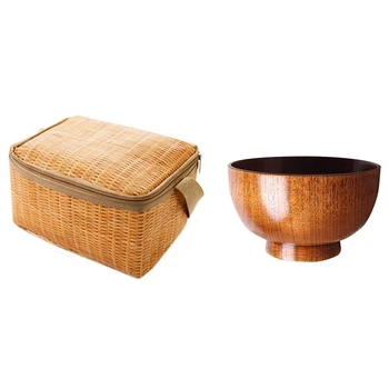 

FGGS-Imitation Rattan Lunch Bags Insulated Thermal Cooler Lunch Box & Wooden Bowl for Rice Soups Desserts Ice Cream 10X6.5cm
