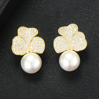 

LARRAURI Gorgeous Micro Pave Cubic Zirconia Stones Silver Color Women Dangling Drop Pearl Earrings Fashion Jewelry