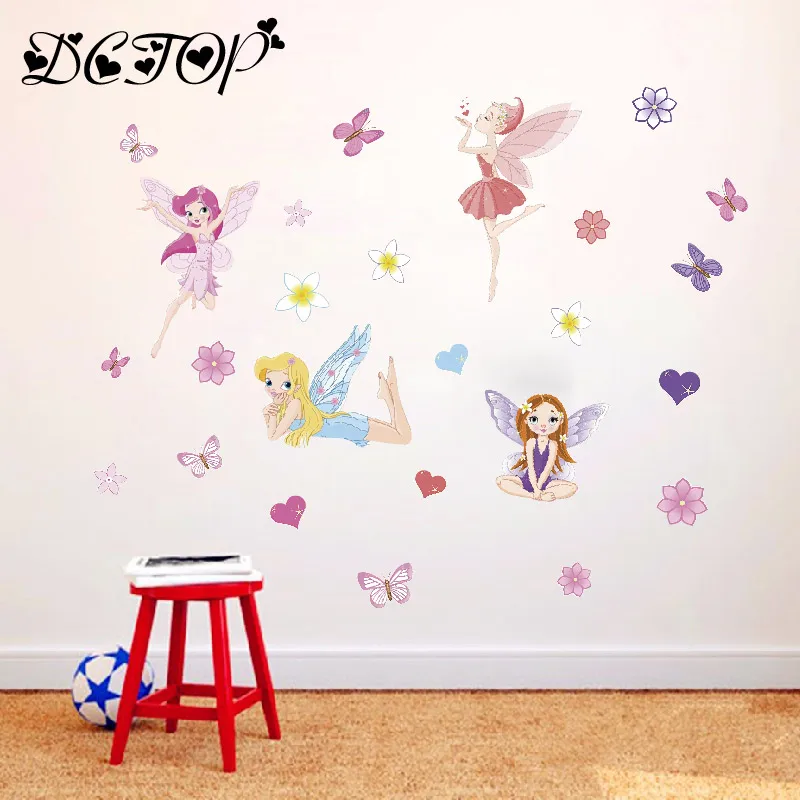Beautiful Fairy Girl in Flowers Wall Stickers Art DIY Butterflies Decals For Kids Baby Room Home Princess Decor Removable Mural (3)