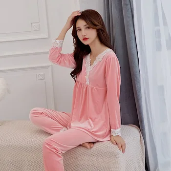 

FZSLCYIYI Womens Pajamas Set Winter Thick Warm gold velour Pajama Sets Lace Trim Pyjamas Women Homewear Sleepwear