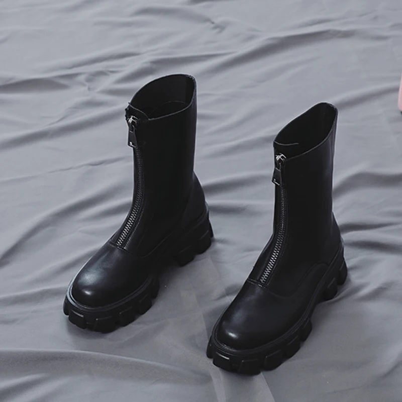 JISCZVS г. Ботинки женские ботинки на плоской платформе женская обувь модные кожаные ботинки на меху с круглым носком, на шнуровке, Осень-Зима Женская обувь