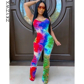 

ZKYZWX Sexy Tie Dye Bodycon Jumpsuit Women Summer One Peice Club Outfits Ruched Pant Spaghetti Strap Backless Rompers Overalls