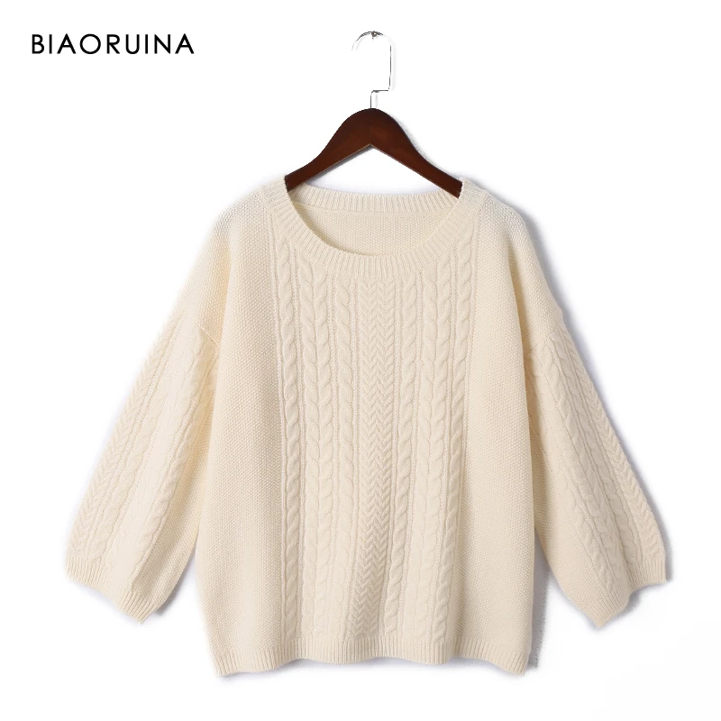 BIAORUINA Women's Beige Solid Loose Straight Winding Knit Pullover O-neck Female Elegant All-match Comfortable Sweater One Size | Женская