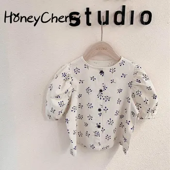 

Summer Girls Shirts Foam Sleeve Linen Cotton Short Shirt Baby Girl Blouse