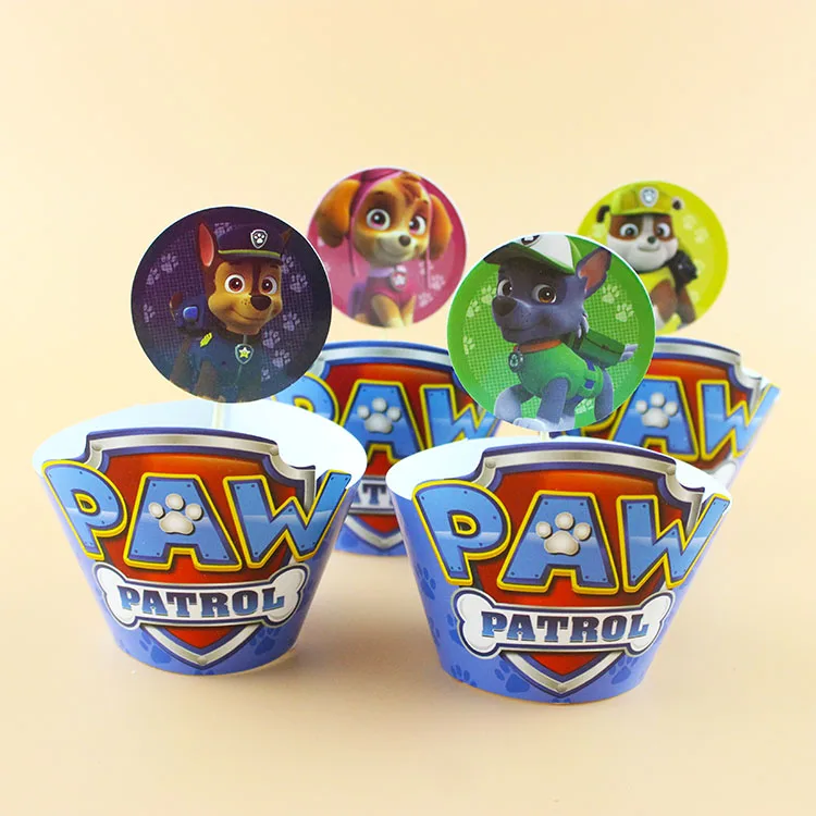 Decoración de fiesta de cumpleaños de la patrulla canina, forma de taza para pastel, magdalenas, revestimiento de papel, patas del perro, regalo plano