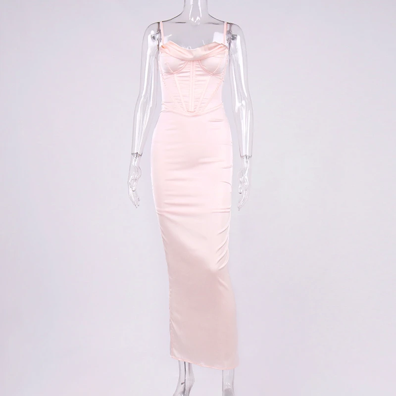 NewAsia Satin Corset Dress 2 Layer Lining Elastic Boned Underwire Split Cut out Cowl Neck Bodycon Dress Woman Sexy Party Dress