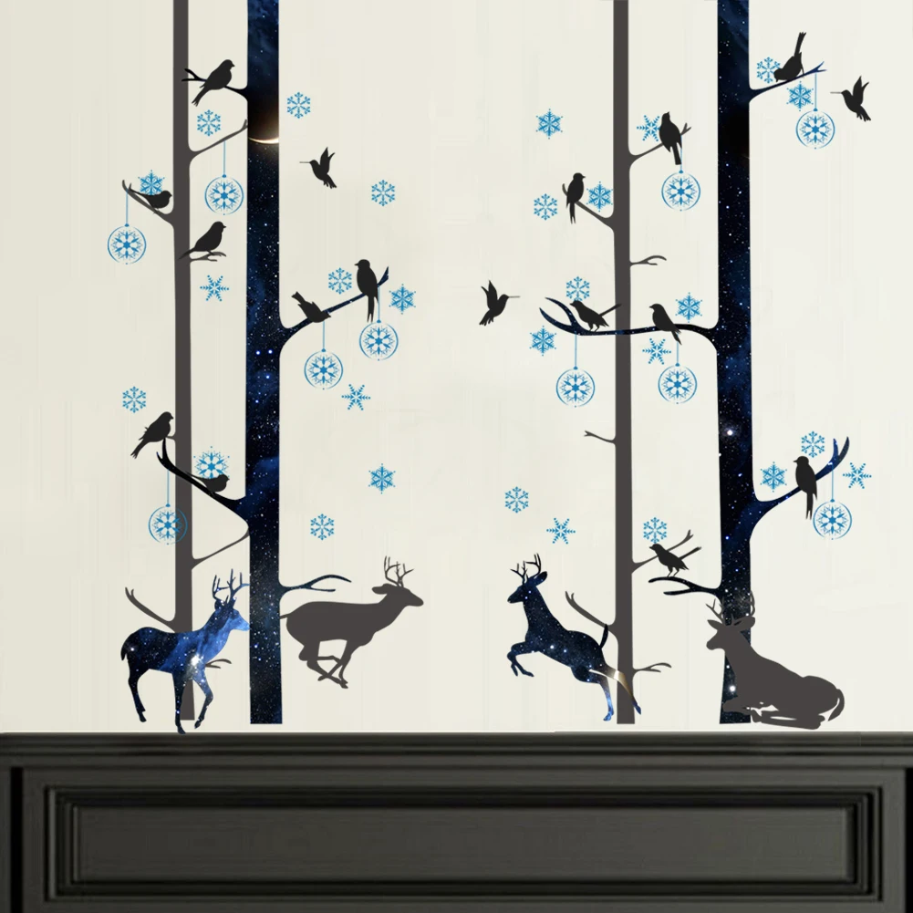 Deer in Forest Tree with Snowflake Wall Stickers For Kids Room Decoration Cartoon Deer Birds Animal Decal DIY Mural PVC Poster