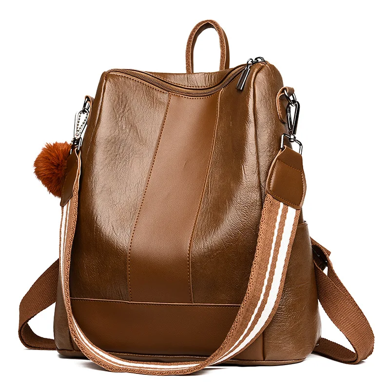Корейские ретро кожаные рюкзаки для женщин, рюкзак с защитой от кражи, женский рюкзак в консервативном стиле, коричневый рюкзак для путешествий Mochila с меховым помпоном