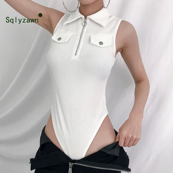 

High Quality Ribbed White Bodysuit Women Turn-down Collar Elegant Woman Body Top Bodycon Jumpsuit Cotton Body Ladies Summer 2019