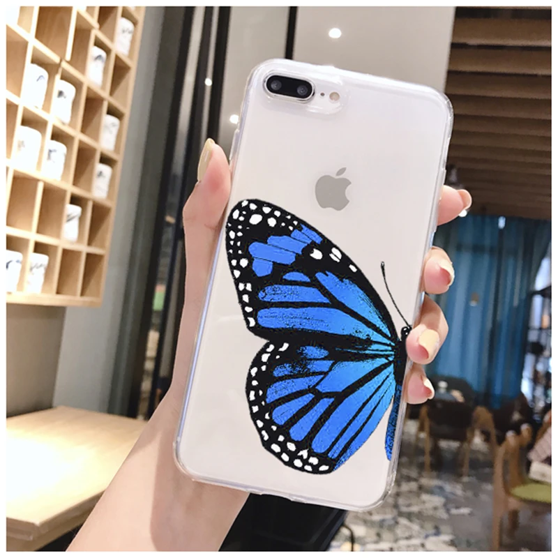 Blue Butterfly Aesthetic Premium Case For iPhone X XS Max Xr 12 11 pro 5 5S SE 8 7 6 s Plus INS cartoon Clear Soft Fundas Coque cute iphone 7 cases