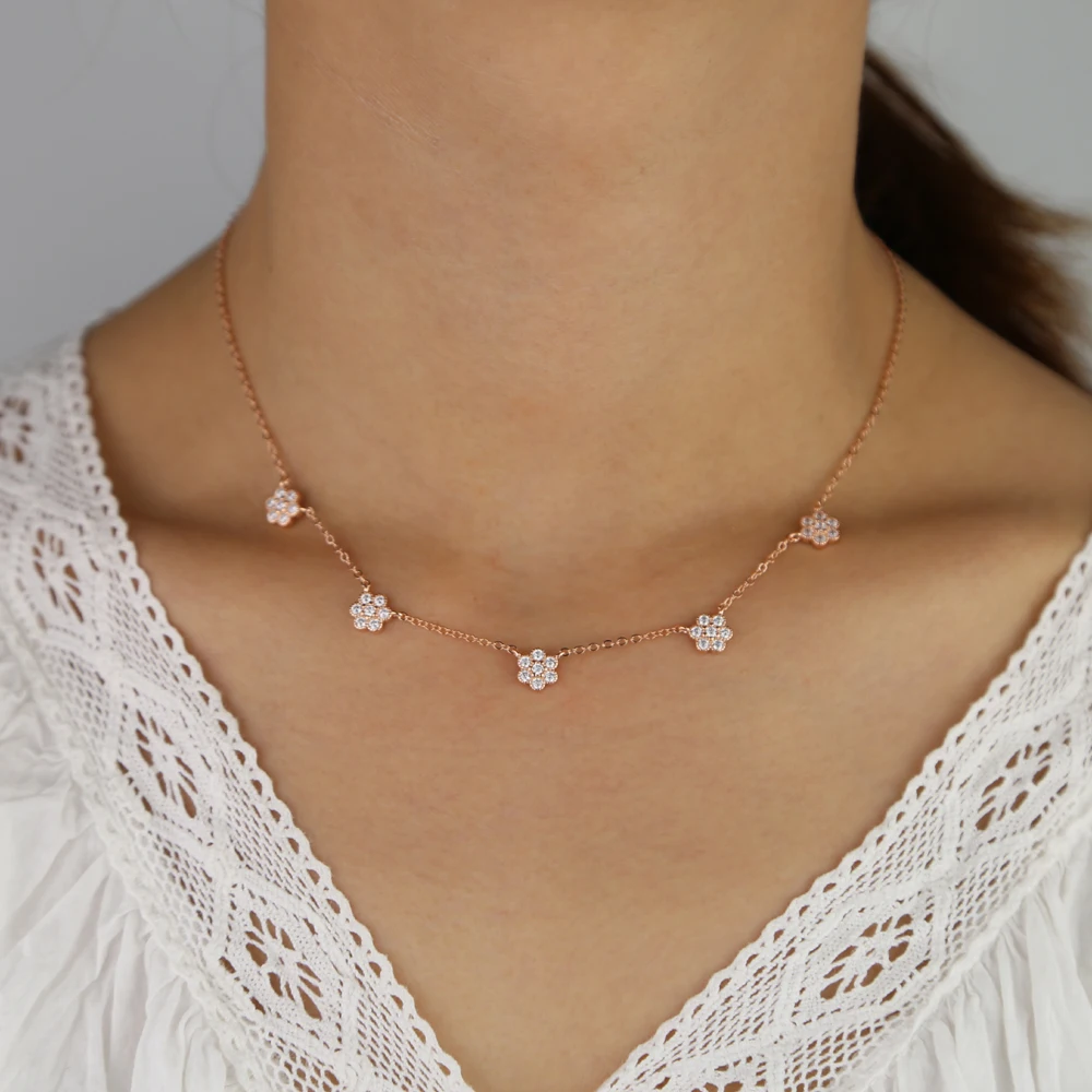 925 sterling silver minimal dainty cz cute flower charm choker chain necklace rose gold silver color women fashion jewelry
