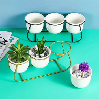 

Garden 3 Grids Ceramic Plant Flower Pots Planter DIY Succulent Bonsai Display Holder With Iron Stand Rack Pot Home Decoration