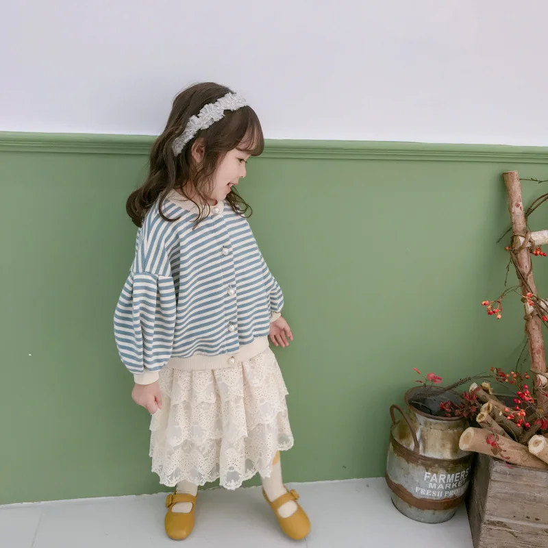 

Kids Autumn Winter Wear Stripe toddlers Baby Girl Cotton Sweater Tops Children Clothing for Girls Knitted Cardigan Sweater blue