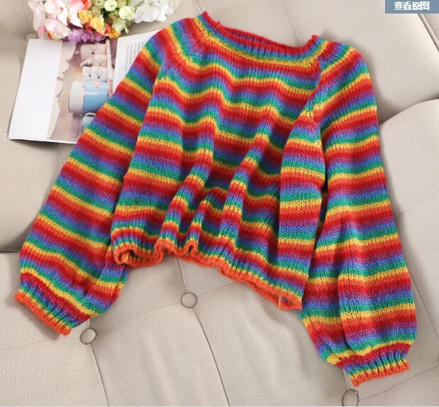 

Women's colorful Striped Lazy Sweater lady Autumn Winter loose short sweater casual Female new fashion pullover Tops TB3110