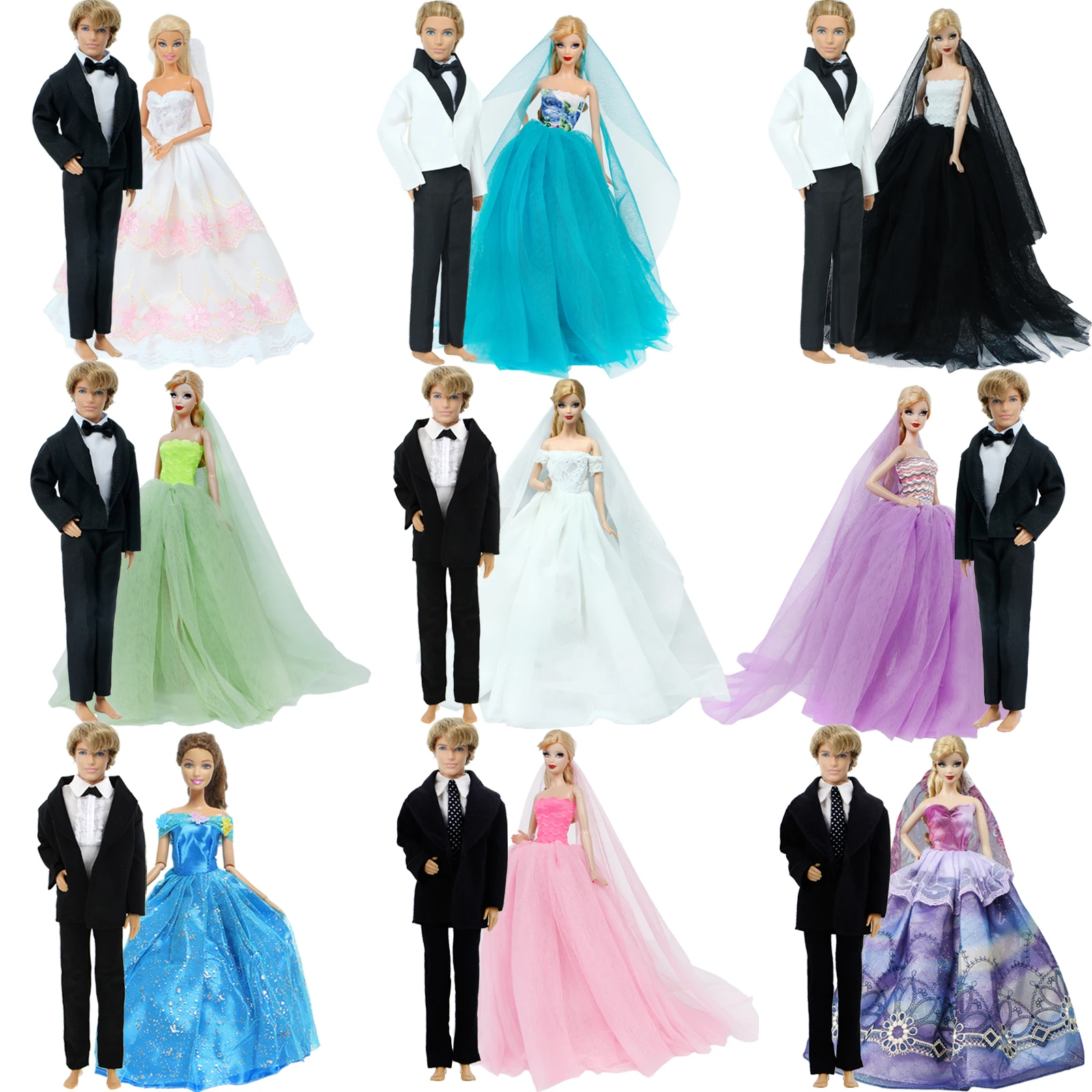 BJDBUS Doll Wedding Set - Bride Dress & Groom Suit For 11.5-12 Inch Dolls (1:6 Scale) With Veil & Shoes