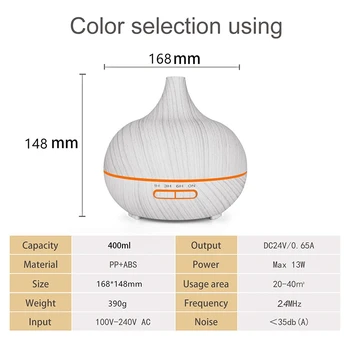

400Ml Ultrasonic Electric Air Humidifier Aroma Oil Diffuser White Wood Grain 7 Colors Led Lights for Home Uk Plug