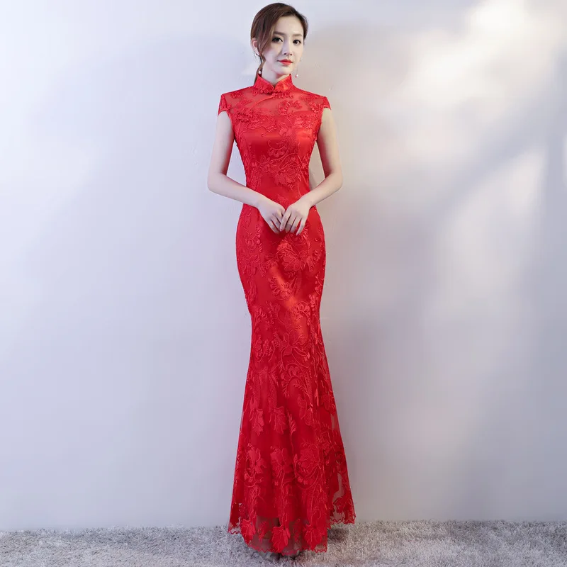 Red Lace Bride Mermaid Chinese Wedding Cheongsam Dress Long Qipao Girl