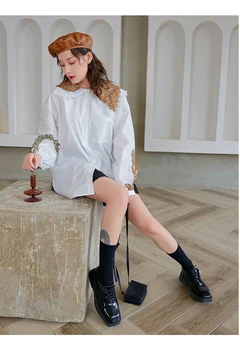 

Casual Chic 2020 Spring Women Cutout Lace Turn-down Collar Long Sleeve Blouse Fashion Shirt Top