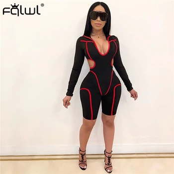 

FQLWL Striped Summer Sexy Rompers Womens Jumpsuit Female Fitness Skinny Long Sleeve Black Ladies Short Jumpsuit Women Playsuit