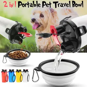 

2 in 1 Portable Pet Travel Water Bottle Food Container with Foldable Food Bowl Cat Dog Puppy Camping Stuff