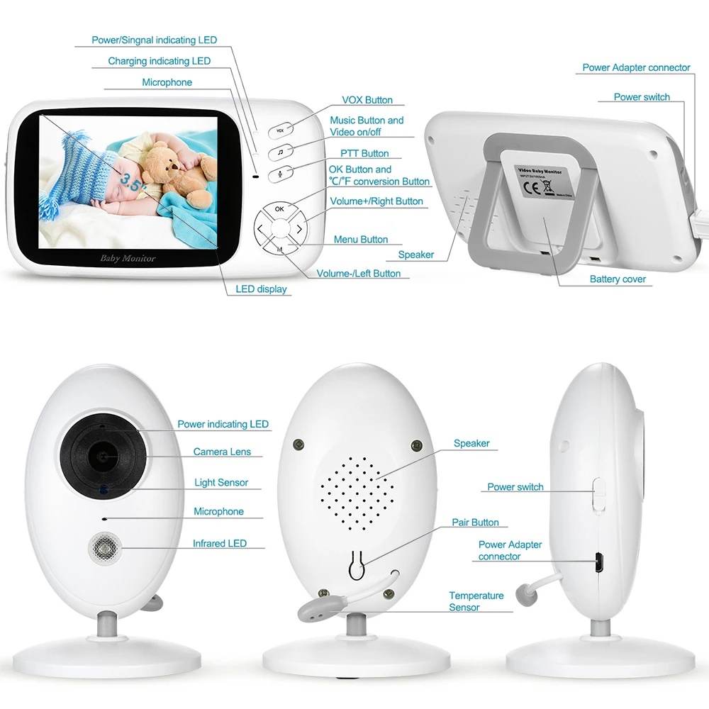 Wireless Video Color Baby Monitor 3.5 Inch High Resolution Night Vision Temperature Monitoring Baby Nanny Security Camera