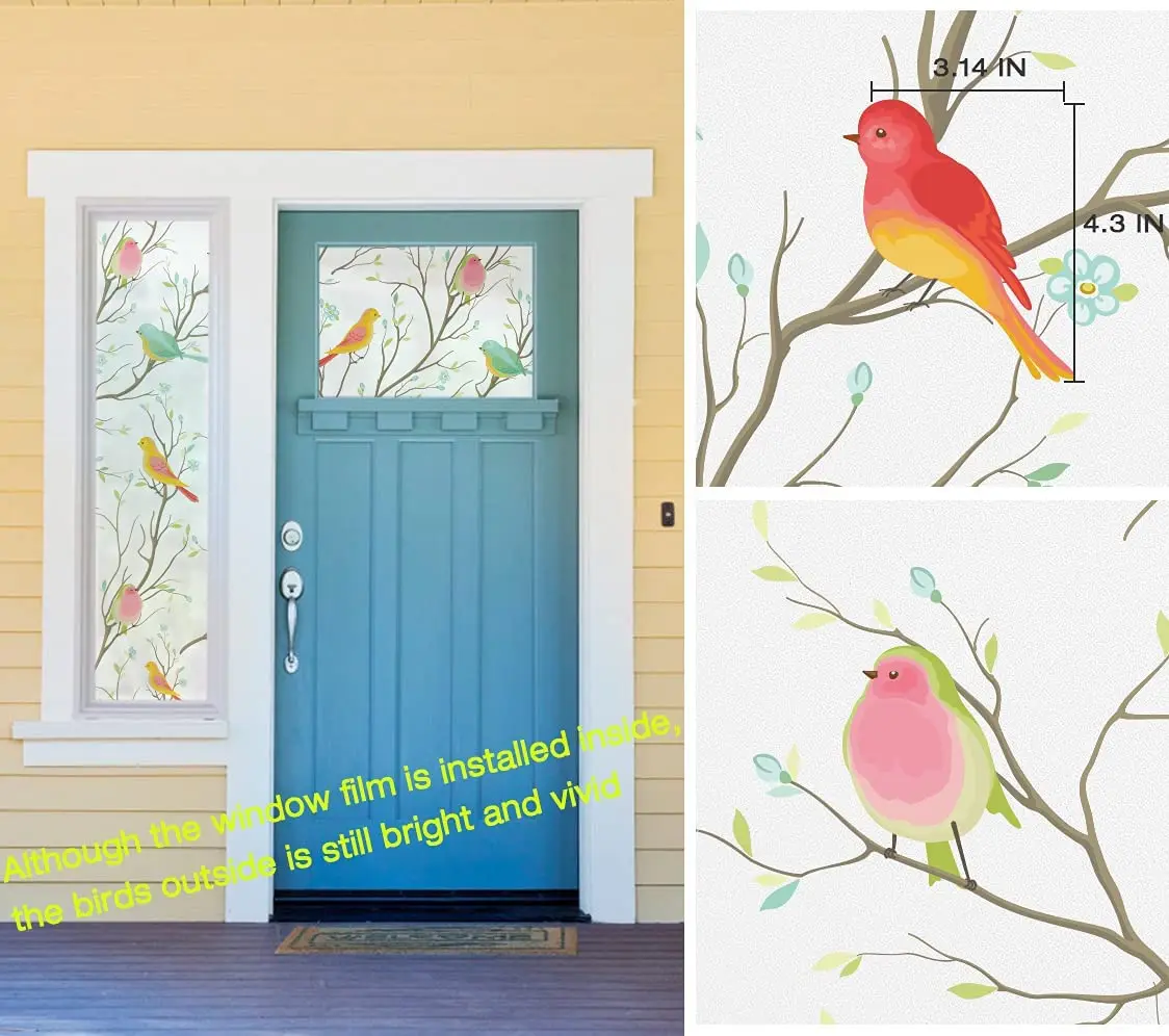 YaJing Privacy Window Film Non-Adhesive Frosted Bird Decorative Vinyl Glass Film Static Cling Stained Window Stickers for Home