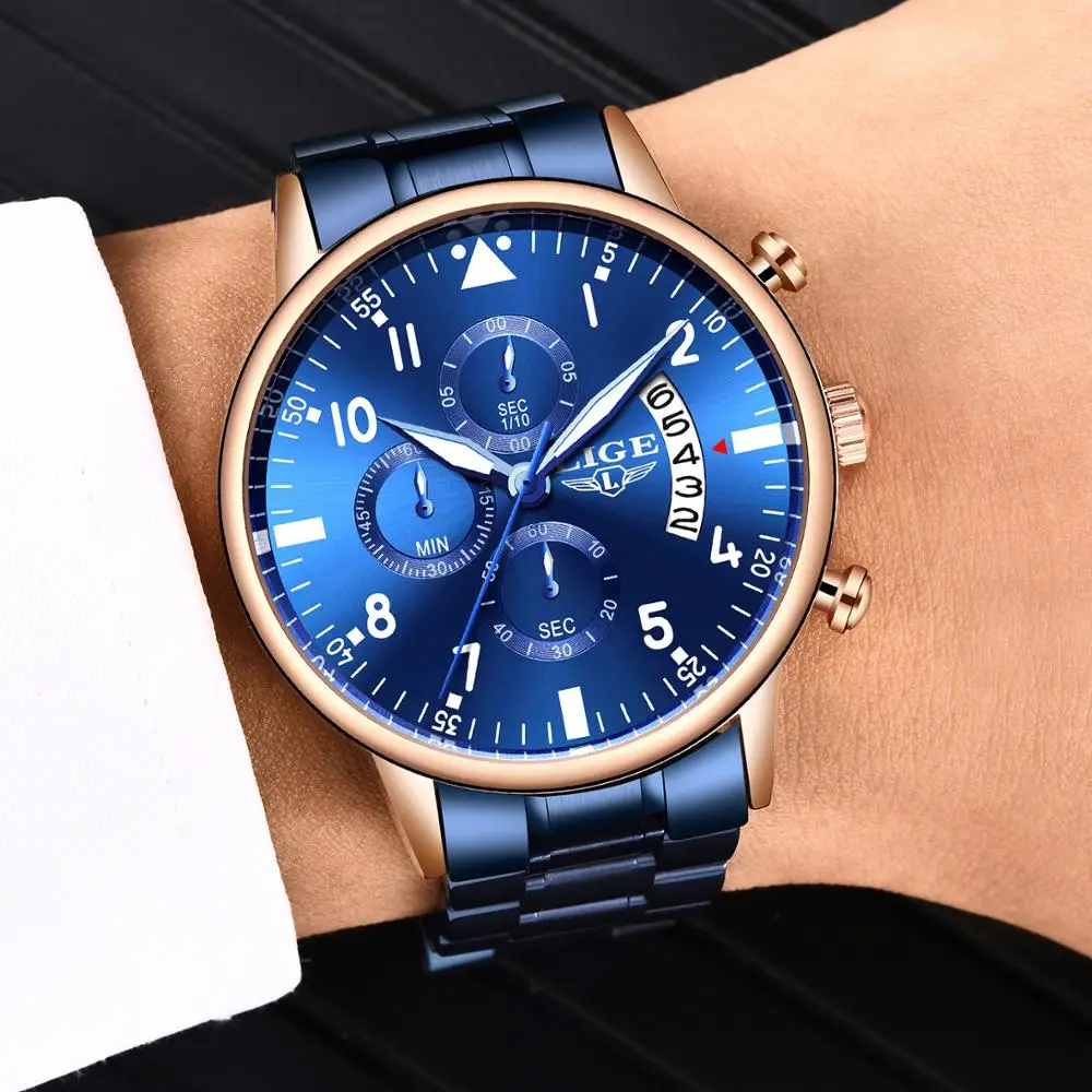 2020 LIGE New Fashion Mens Watches Top Brand Luxury Blue Stainless Steel Sports Chronograph Quartz Watch Men Relogio Masculino