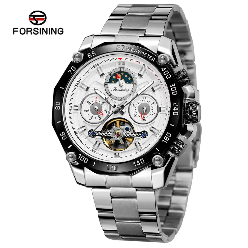Forsining полностью черные Tourbillon механические часы мужские Moonphase Дата нержавеющая сталь Группа Автоматические наручные часы Erkek Kol Saati - Цвет: Type 6