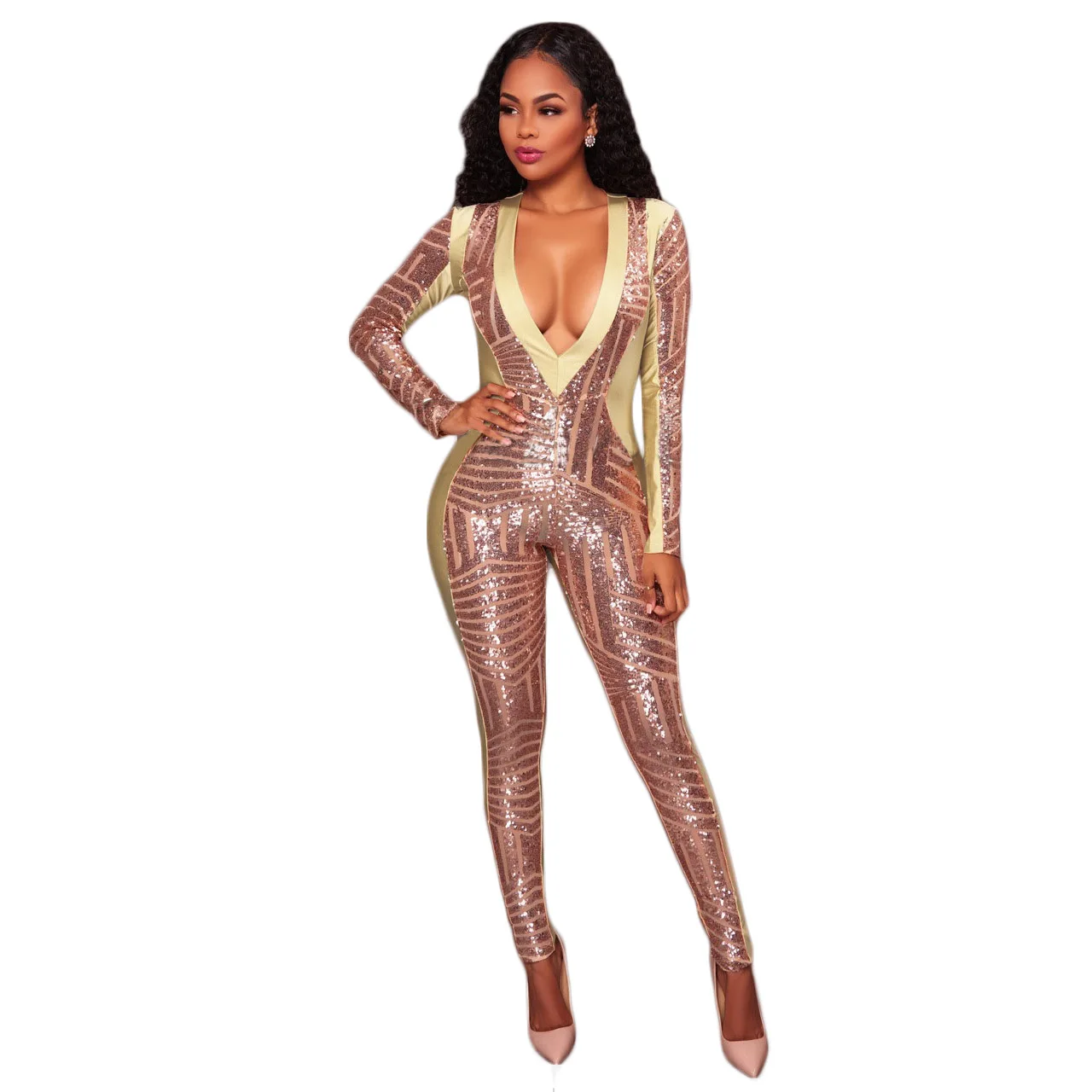 Apricot jumpsuit Сексуальный Модный женский комбинезон с блестками, Рождественский повседневный комбинезон с v-образным вырезом и длинным рукавом, Клубные вечерние комбинезоны - Цвет: Apricot jumpsuit