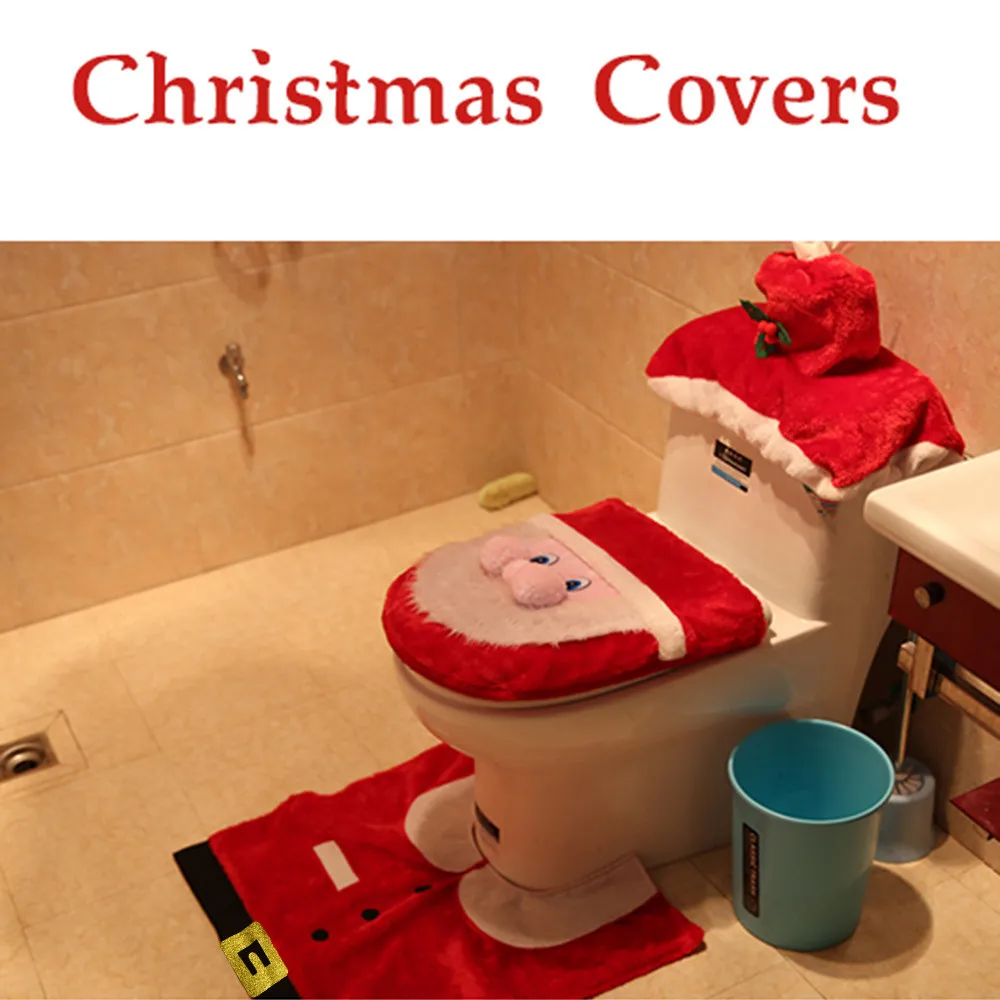 

3PCS Fancy Santa Toilet Seat Cover and Rug Bathroom Sets Christmas Decor Home Washroom Accessiories Festival Holiday Supplies