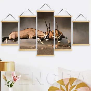 

Home Decoration Wall Artwork 5 Panel Animal Oryx Gazella Painting Solid Wood Hanging Scrolls Canvas Print Modern Picture Poster
