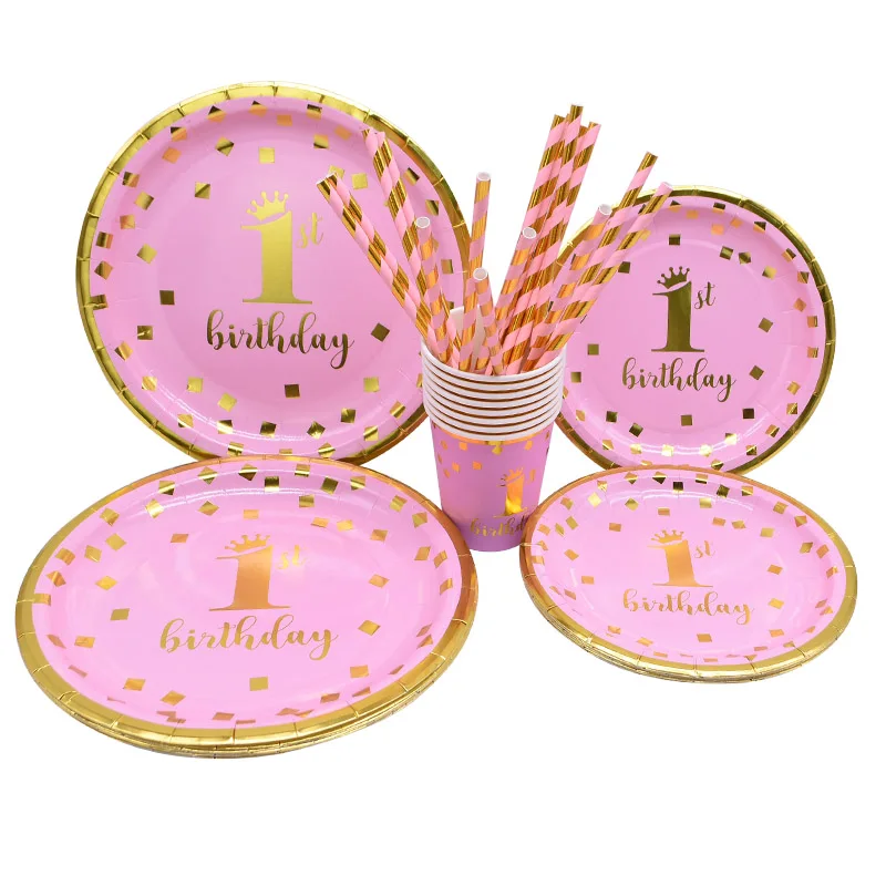 1st Birthday Party Supplies Pink Blue Paper Plates Cups Straws Disposable Tableware Banner Gender Reveal Baby Shower Party Decor