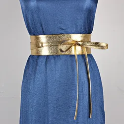 1PC Fashion PU Leather Women Lady Metallic Color Soft Leather Wide Belt Self Tie Wrap Waist Decorative Dress Sweater Waistband