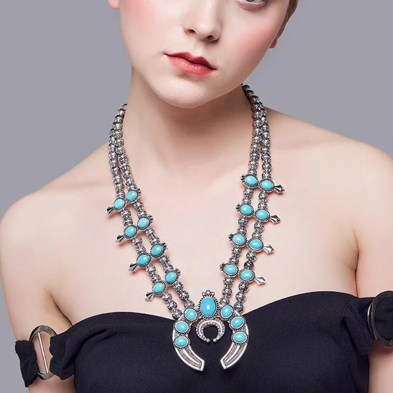 Винтажный, с серебряным покрытием на заказ Чокеры ожерелье s для Длинная цепочка для женщин слоистые эффектные подвески с камнями ожерелье - Окраска металла: turquoise