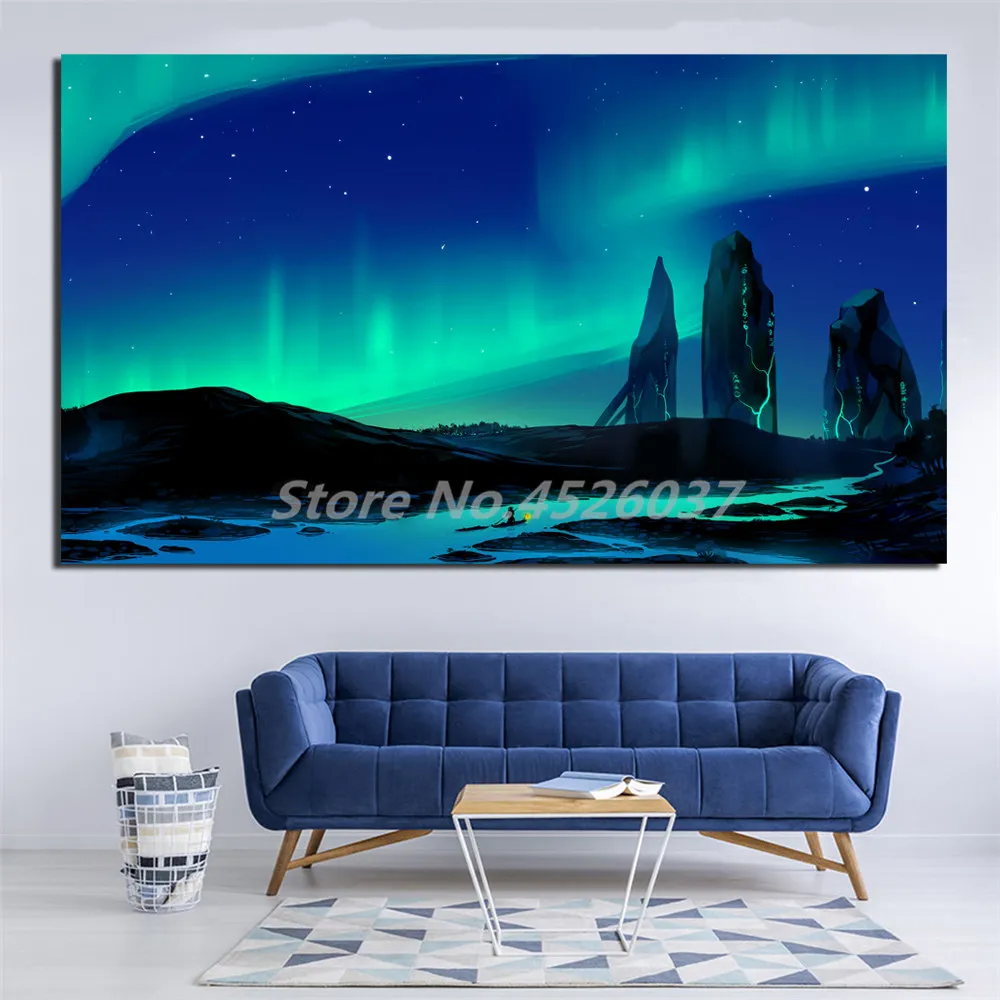 The Aurora Borealis Town Wall Art Blue Green North Light Poster Pittura Su Tela Camera Da Letto Decorazione Immagini Decorazioni Per La Casa