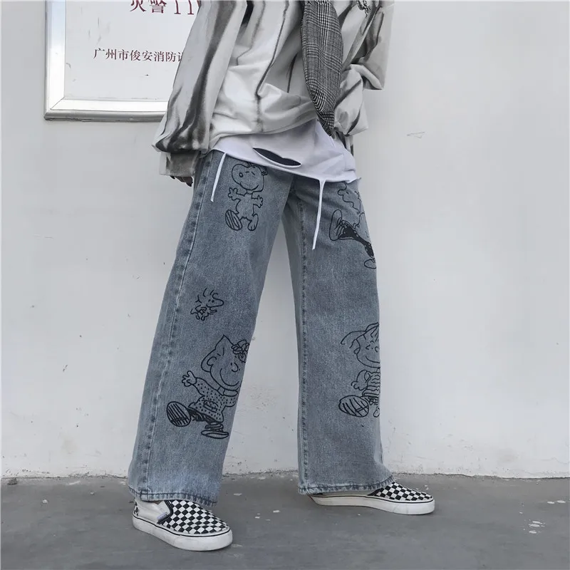 NYOOLO Harajuku уличная мультфильм граффити печати вымытые джинсы осень Винтаж свободная полная длина широкие женские джинсовые брюки для мужчин