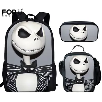 

FORUDESIGNS Schoolbags Three Pieces Set The Nightmare Before Christmas Jack Prints Black Fashion Backpack New Semester Presents
