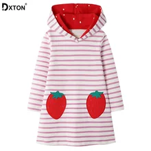 DXTON/Зимние Детские платья платье для девочек с рисунком клубники, платье для девочек детская одежда в полоску с длинными рукавами хлопковое платье с капюшоном для девочек, От 2 до 8 лет