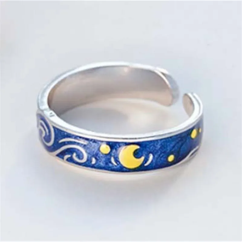 Luxury Brand Van Gogh Night Open Rings For Women Men Simple Design Silver Color Lovers Blue Starry Sky Ring Party Jewelry A946 plastic rings trendy