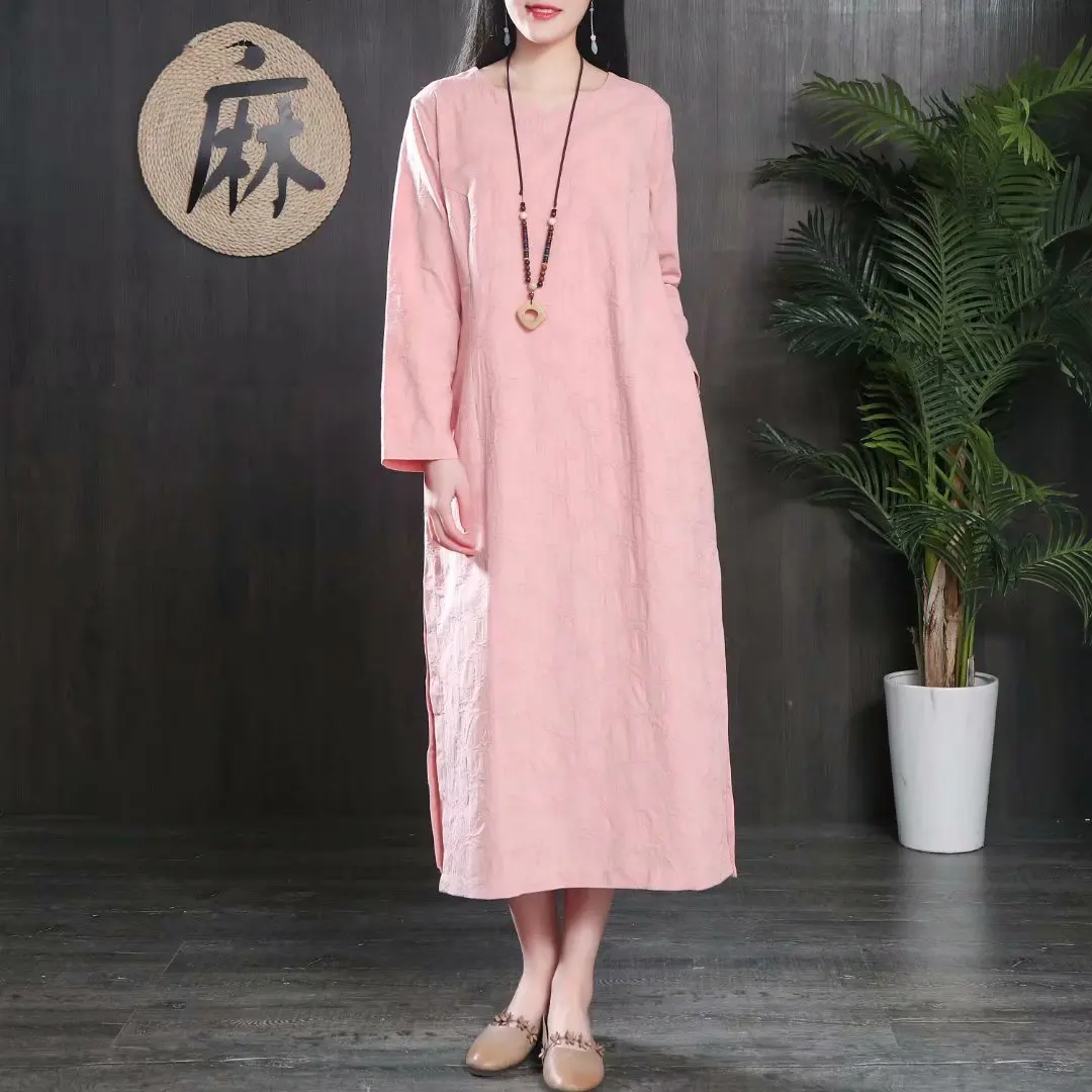 

2019 Spring New Style Retro Literature And Art V-neck Jacquard Cotton Linen Long Loose-Fit Slit Dress Women's