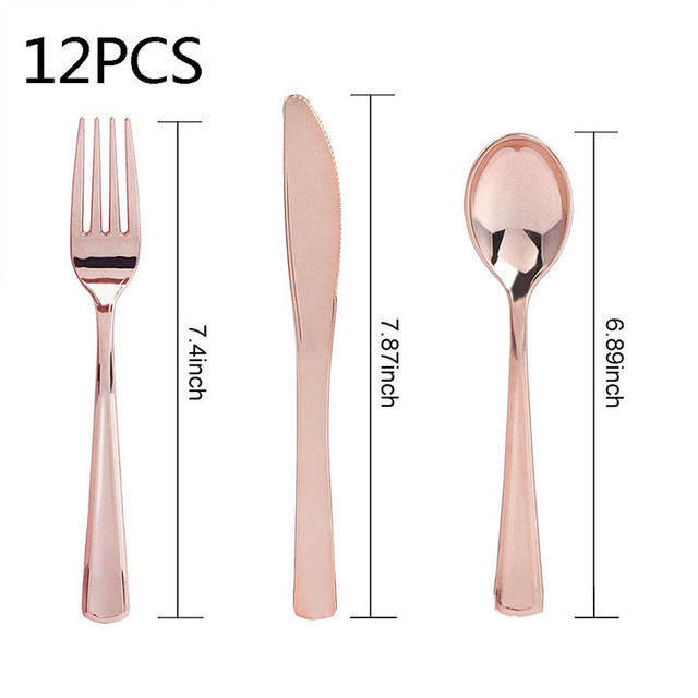 Rose Gold Cups Plastic Plates Fork Knives Spoons Disposable Clear Dinnerware Set Home Party Supplies