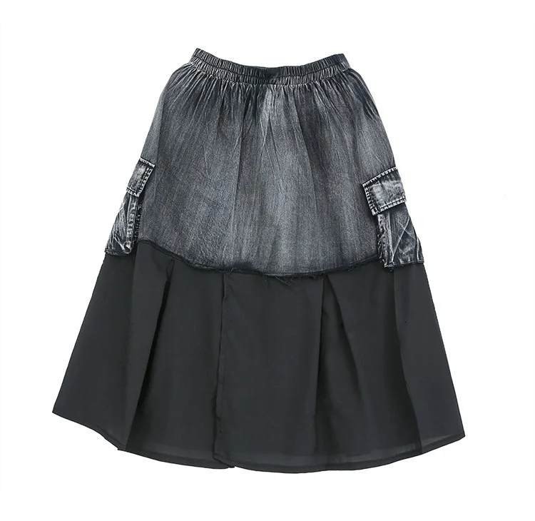 TVVOVVIN New Spring Summer High Waist Black Denim Mesh Split Joint Hit Color Stitch Loose Skirt Women Fashion Tide V844