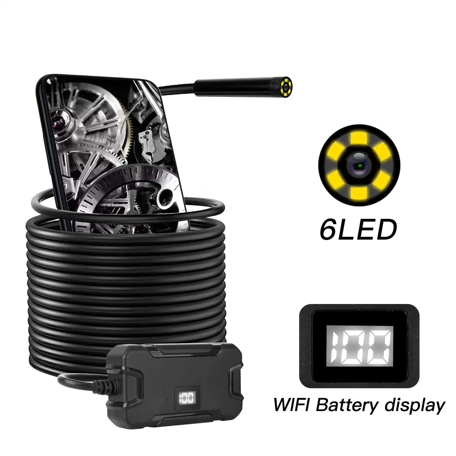 

5.5MM Wireless WiFi Borescopes Inspection Camera 1080P 6 LED Display Screen HD Semi-rigid Camera for Android & IOS for Ipad